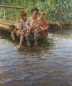 釣り中に銀行の桟橋で4人の男の子 作： Nikolay Bogdanov Belsky